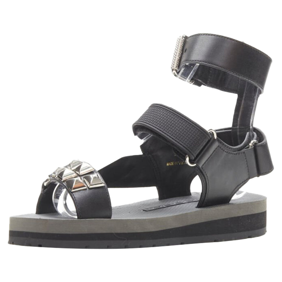 Women's Prada silver punk stud embellished sports strap gladiator sandals