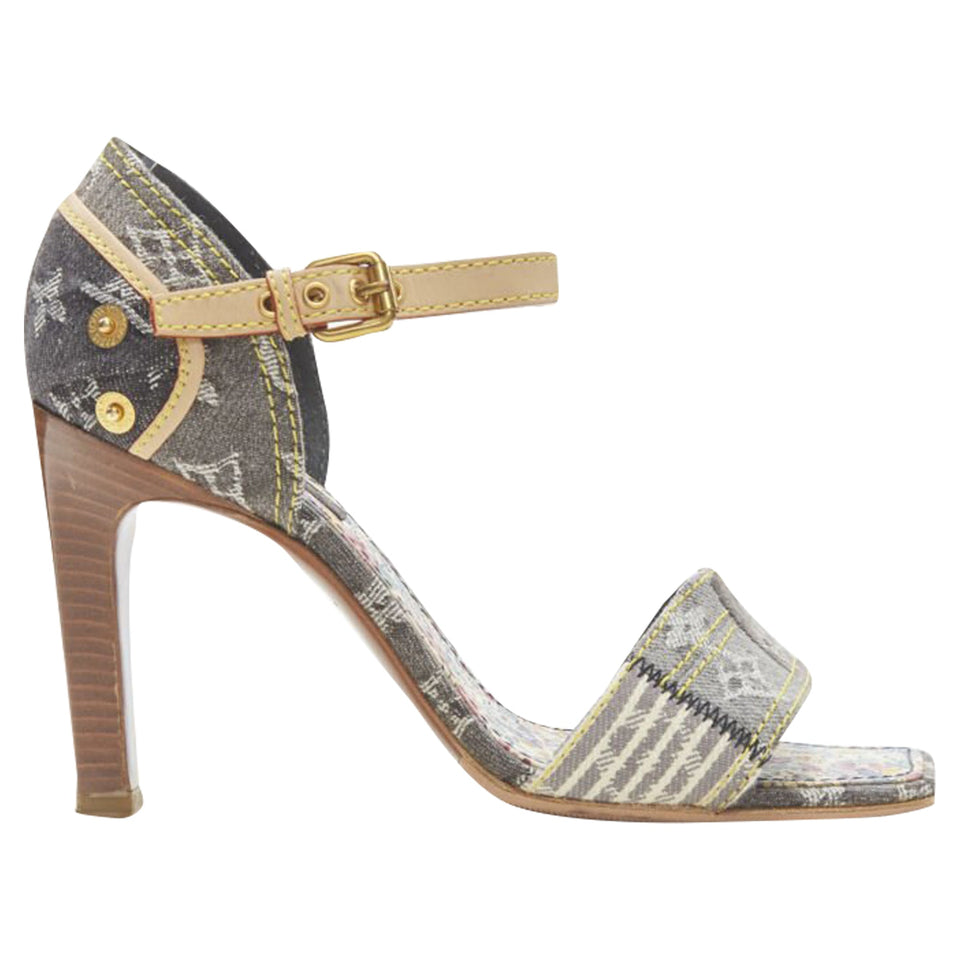 Women's Louis Vuitton denim patchwork buckle vachetta strap wooden heel sandal