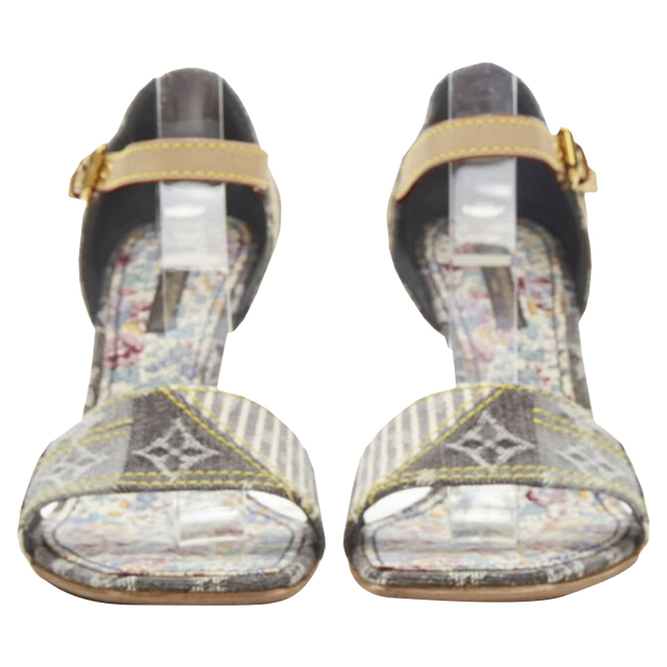 Women's Louis Vuitton denim patchwork buckle vachetta strap wooden heel sandal