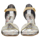 Women's Louis Vuitton denim patchwork buckle vachetta strap wooden heel sandal