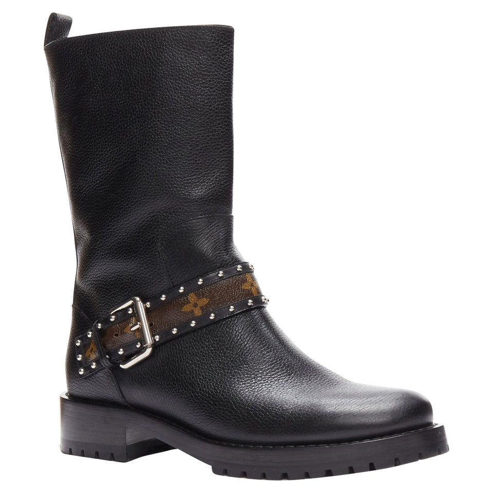 Women's Louis Vuitton LV monogram top strap pull on motorcycle boots