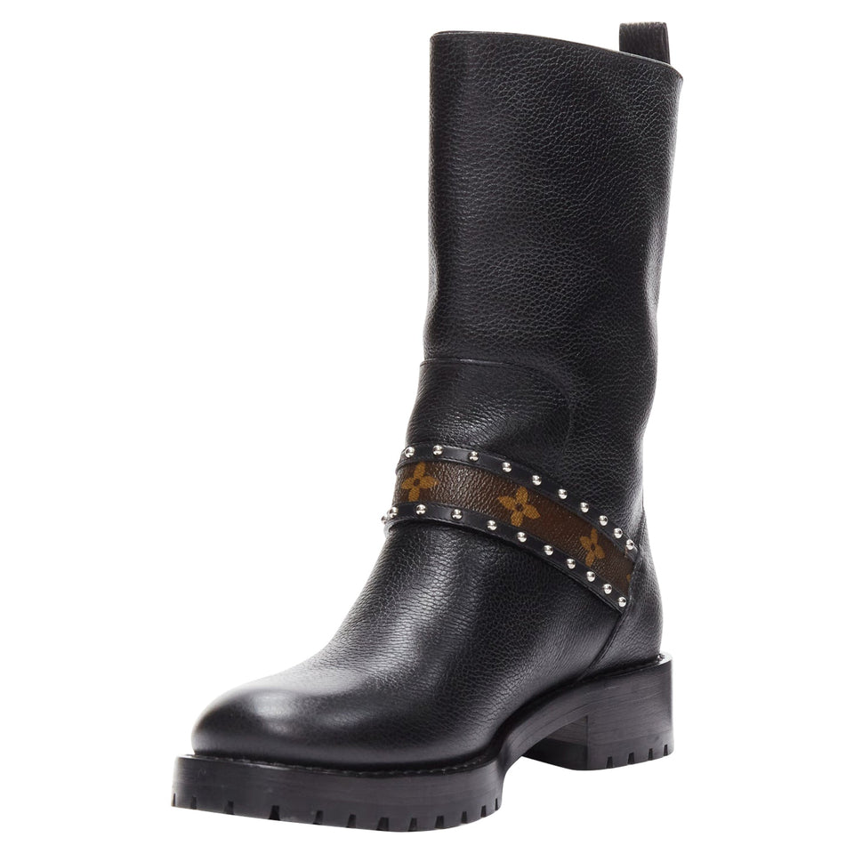 Women's Louis Vuitton LV monogram top strap pull on motorcycle boots