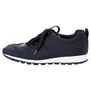 Prada Sport Low Top Lace Up Sneakers in Navy Blue Canvas and Leather