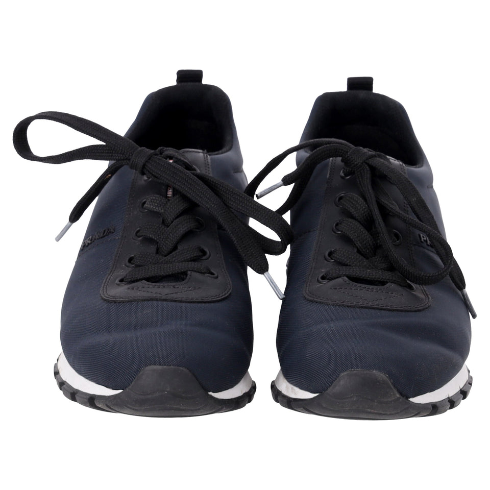 Prada Sport Low Top Lace Up Sneakers in Navy Blue Canvas and Leather
