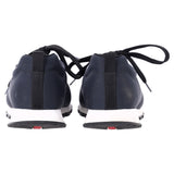 Prada Sport Low Top Lace Up Sneakers in Navy Blue Canvas and Leather