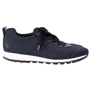 Prada Sport Low Top Lace Up Sneakers in Navy Blue Canvas and Leather