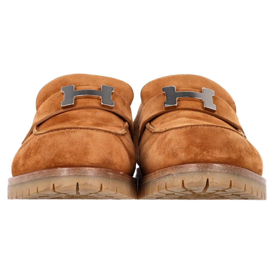 Hermes Logo Plague Faubourg Loafers in Brown Goat Suede