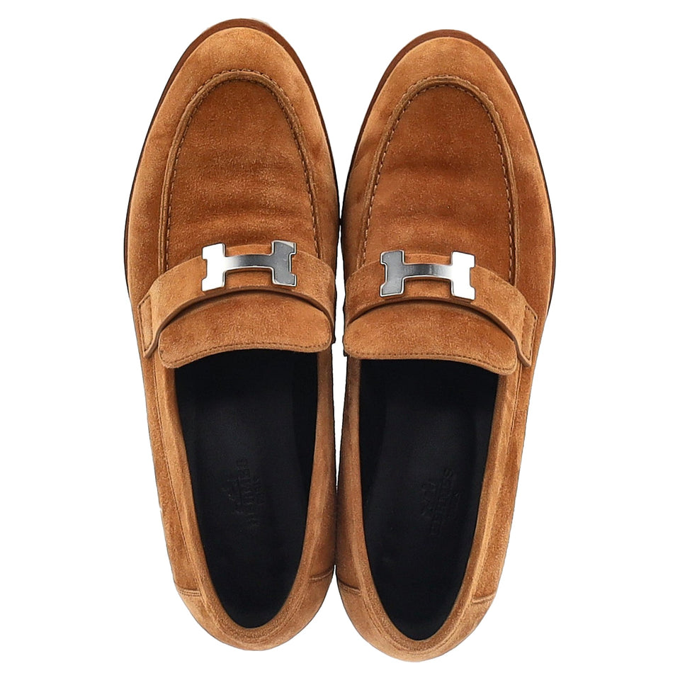 Hermes Logo Plague Faubourg Loafers in Brown Goat Suede