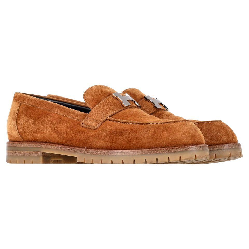 Hermes Logo Plague Faubourg Loafers in Brown Goat Suede