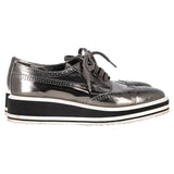 Prada Metallic Brogue Platform Low Top Sneakers in Silver Leather
