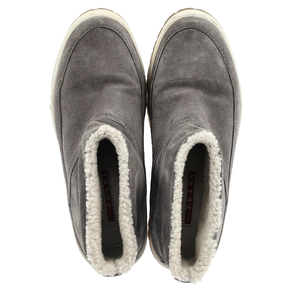 Women's Prada Shear Lined Winter Ankle Boots in Grey Suede