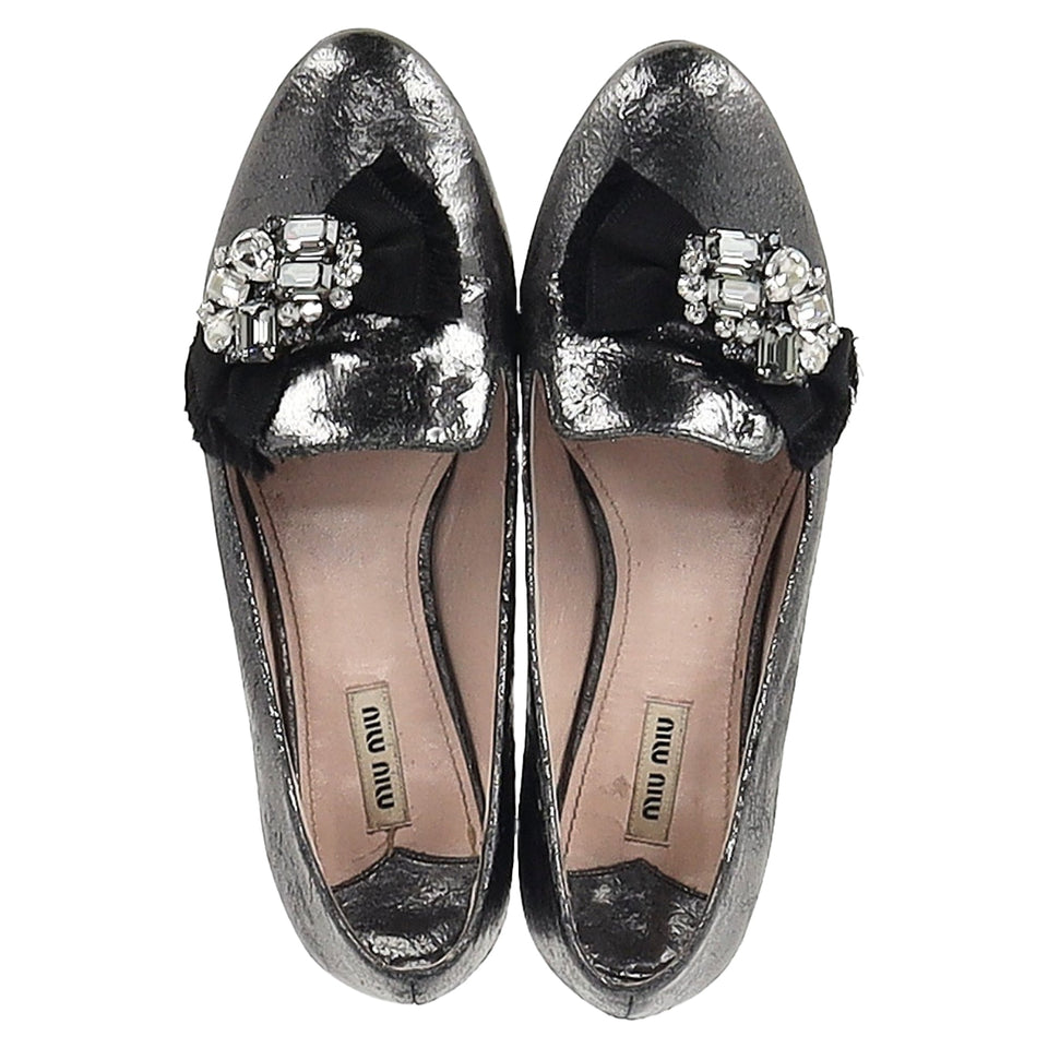 Miu Miu by Prada Jeweled Ballet Flats in Metallic Grey Leather