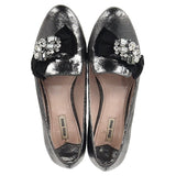 Miu Miu by Prada Jeweled Ballet Flats in Metallic Grey Leather