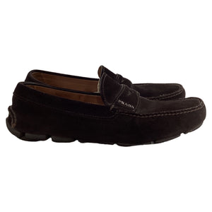Prada Logo Penny Driver Loafers in Brown Suede