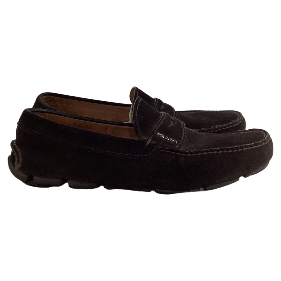 Prada Logo Penny Driver Loafers in Brown Suede