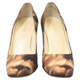 Prada Printed Block-Heel Pumps in Brown Satin