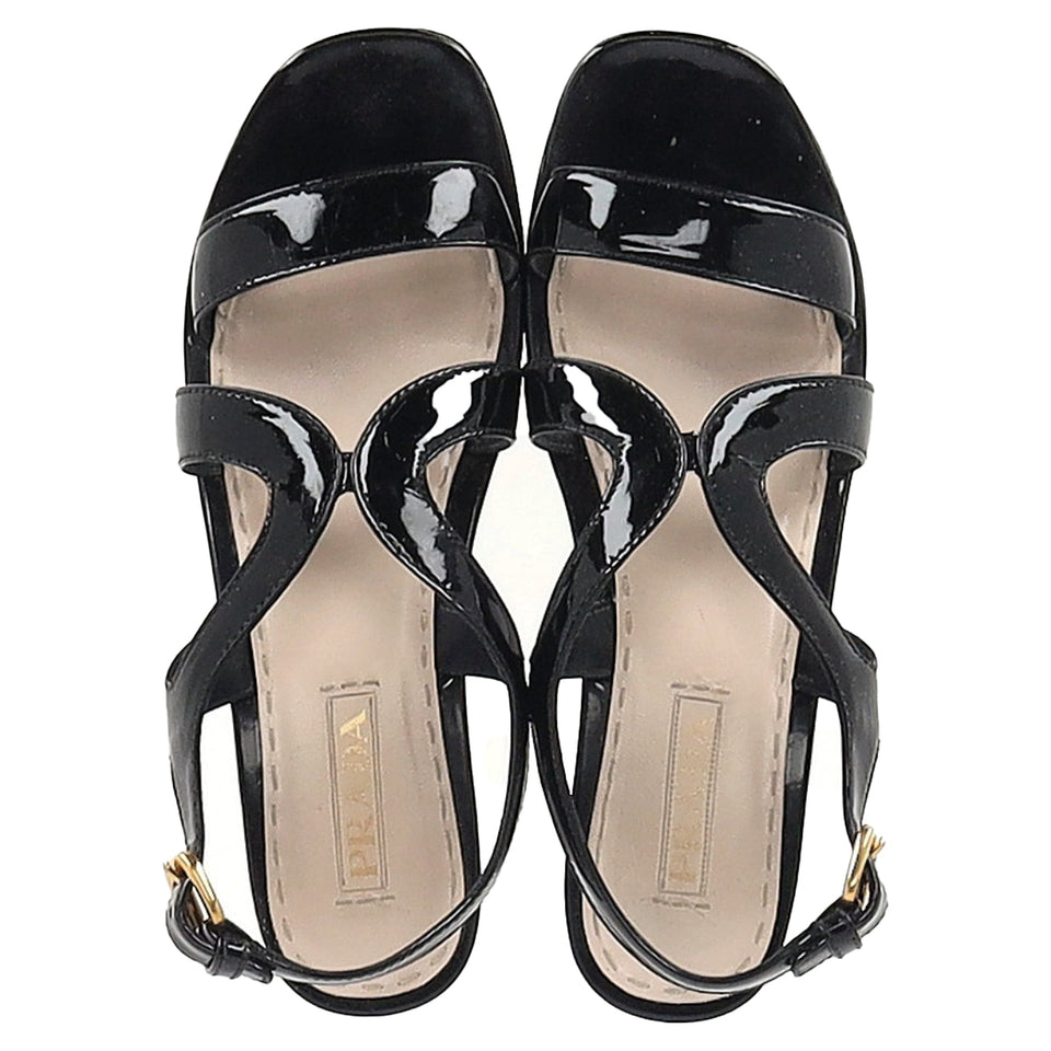 Prada Slingback Wedge Sandals in Black Patent Leather