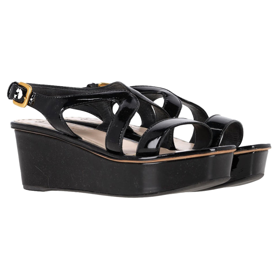 Prada Slingback Wedge Sandals in Black Patent Leather