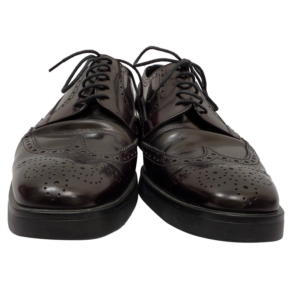 Prada Brush Lace-Up Brogue Shoes in Burgundy Leather