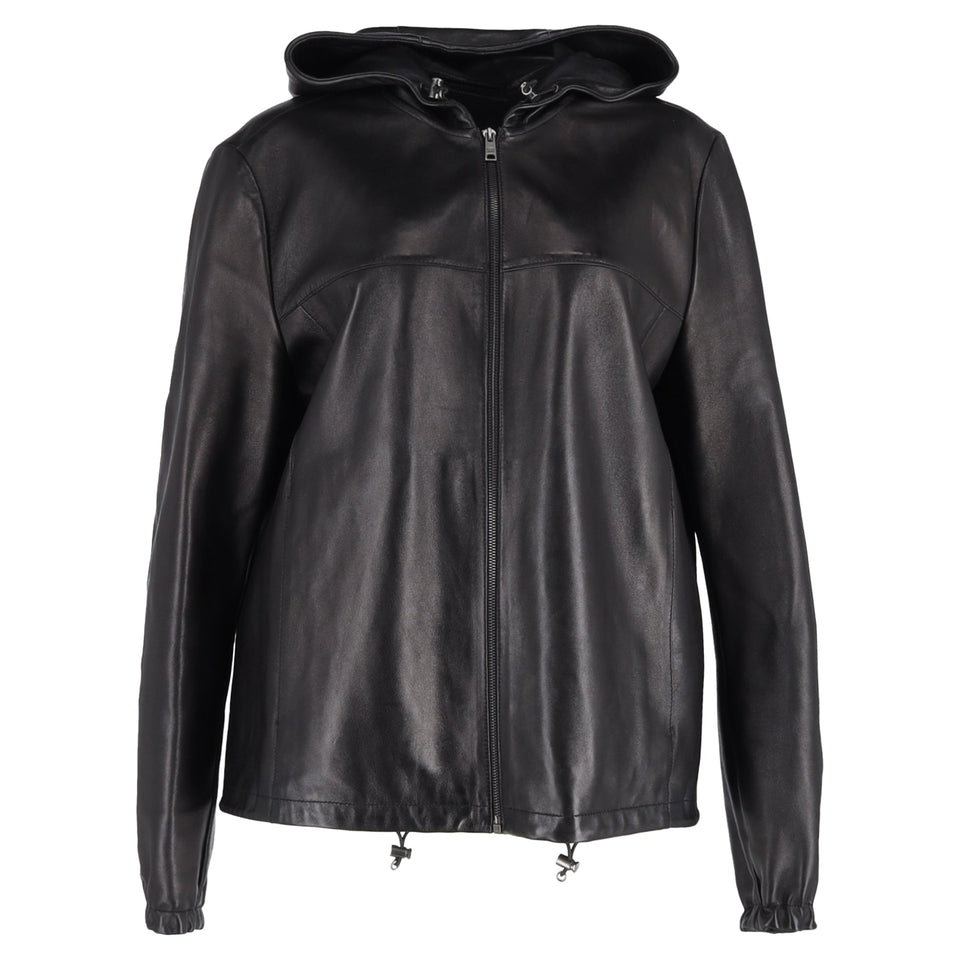 Prada Zipped Hooded Jacket in Black Leather