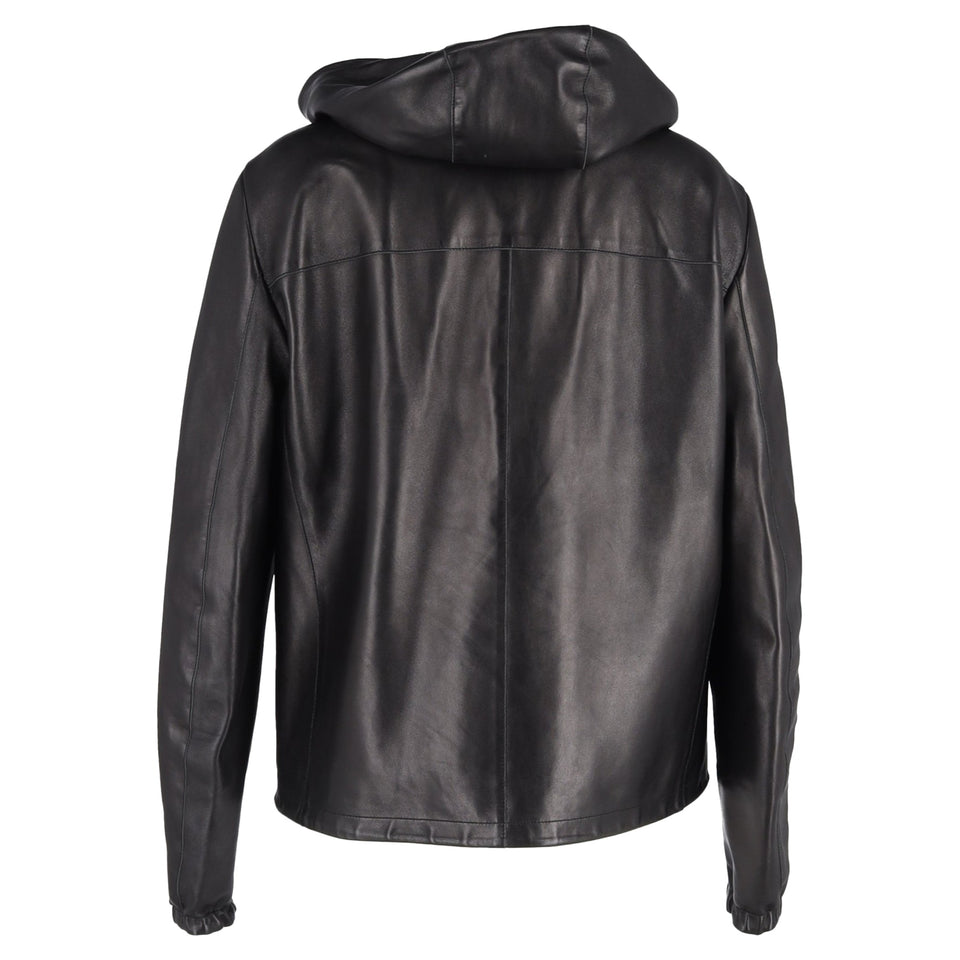 Prada Zipped Hooded Jacket in Black Leather