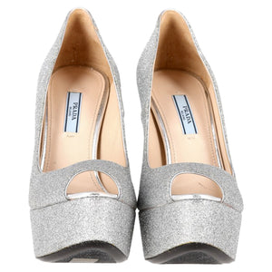 Women's Prada Peep-Toe Platform Pumps in Silver Glitter
