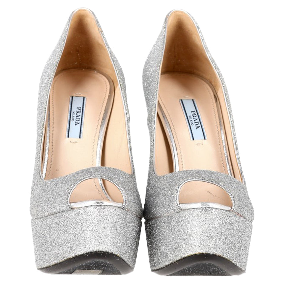 Women's Prada Peep-Toe Platform Pumps in Silver Glitter