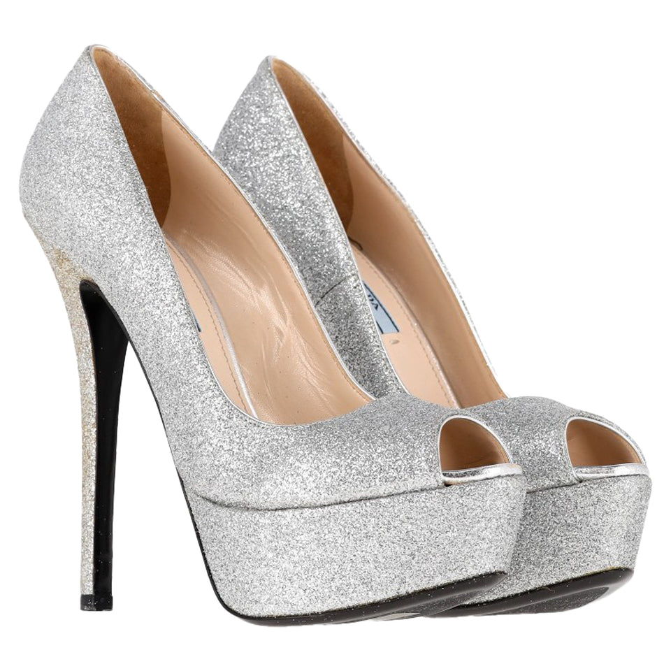 Women's Prada Peep-Toe Platform Pumps in Silver Glitter