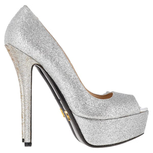 Women's Prada Peep-Toe Platform Pumps in Silver Glitter