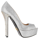 Women's Prada Peep-Toe Platform Pumps in Silver Glitter