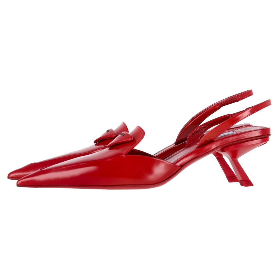 Prada Logo-Plaque Slingback Kitten-Heel Pumps in Red Leather