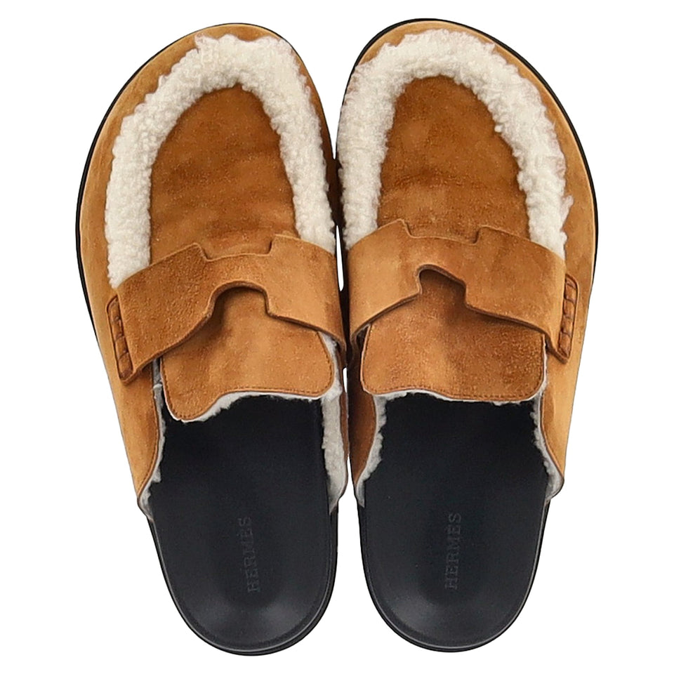 Hermes Go Shear-Lined Mules in Brown Goat Suede