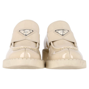Prada Logo-Plaque Chunky Loafers in Cream Patent Leather