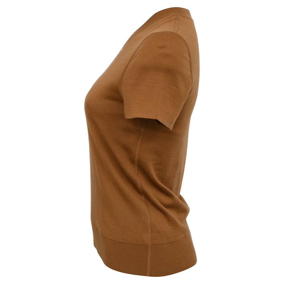 Hermes H en Biais Detail Short-Sleeve Sweater in Brown Virgin Wool