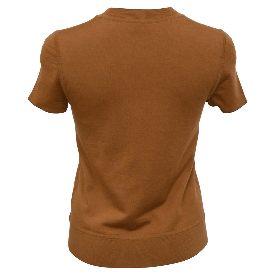 Hermes H en Biais Detail Short-Sleeve Sweater in Brown Virgin Wool