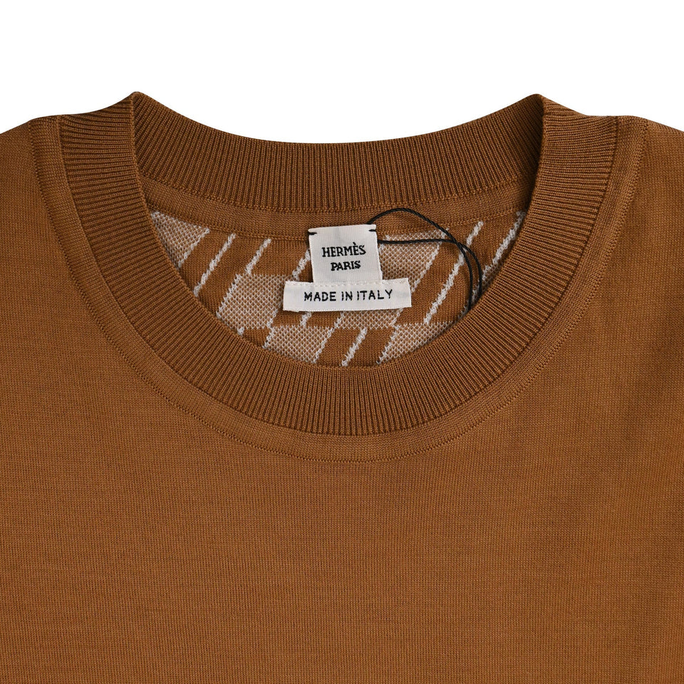 Hermes H en Biais Detail Short-Sleeve Sweater in Brown Virgin Wool