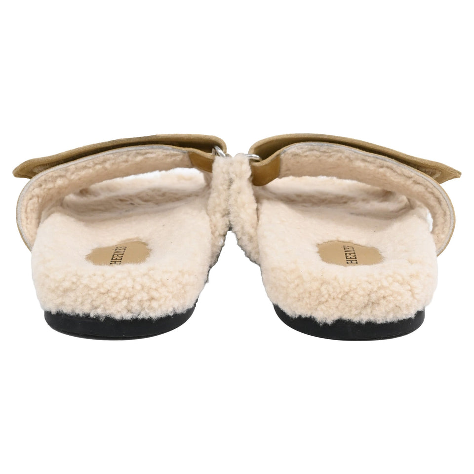 Hermes Chypre Shearling Sandals in Brown Suede
