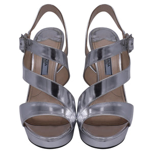 Prada Asymmetric Strap Platform Sandal Hels in Metallic Silver Leather