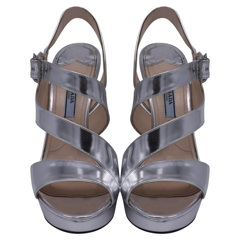 Prada Asymmetric Strap Platform Sandal Hels in Metallic Silver Leather