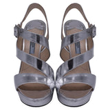 Prada Asymmetric Strap Platform Sandal Hels in Metallic Silver Leather
