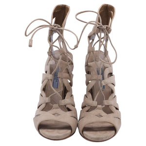 Women's Prada Gladiator Lace-Up Sandal Heels in Beige Suede
