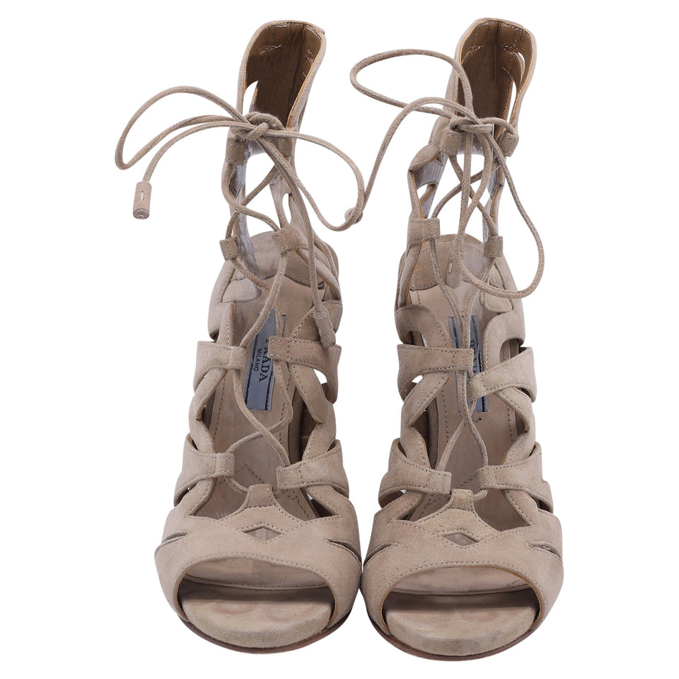 Women's Prada Gladiator Lace-Up Sandal Heels in Beige Suede