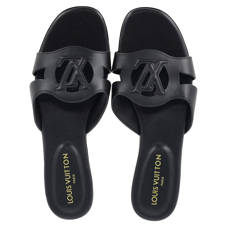 Women's Louis Vuitton LV Isola Slide Flat Sandals in Black Calf Leather