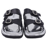 Prada Buckled Flat Sandals in Silver Leather