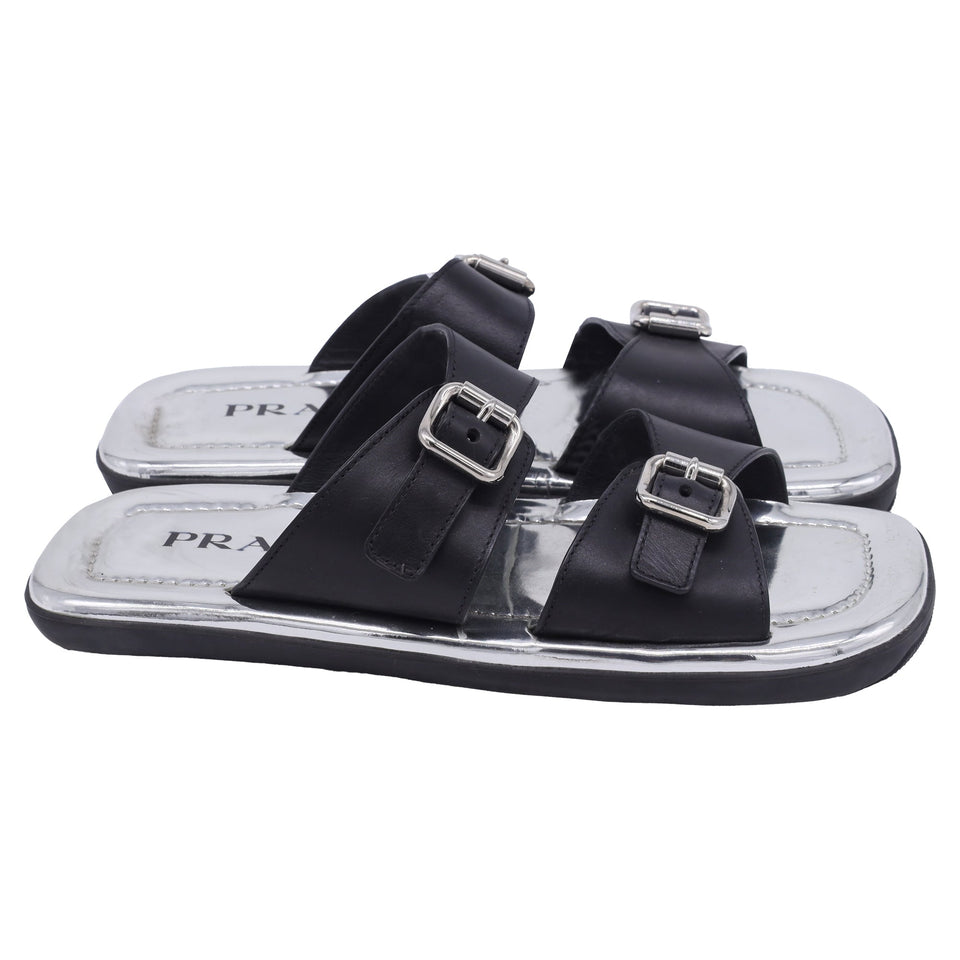 Prada Buckled Flat Sandals in Silver Leather