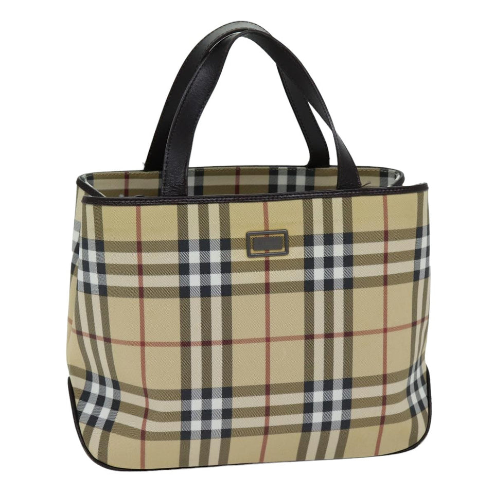 Luxury Burberry Nova Check Hand Bag PVC Leather Beige Dark Brown Auth ep4186