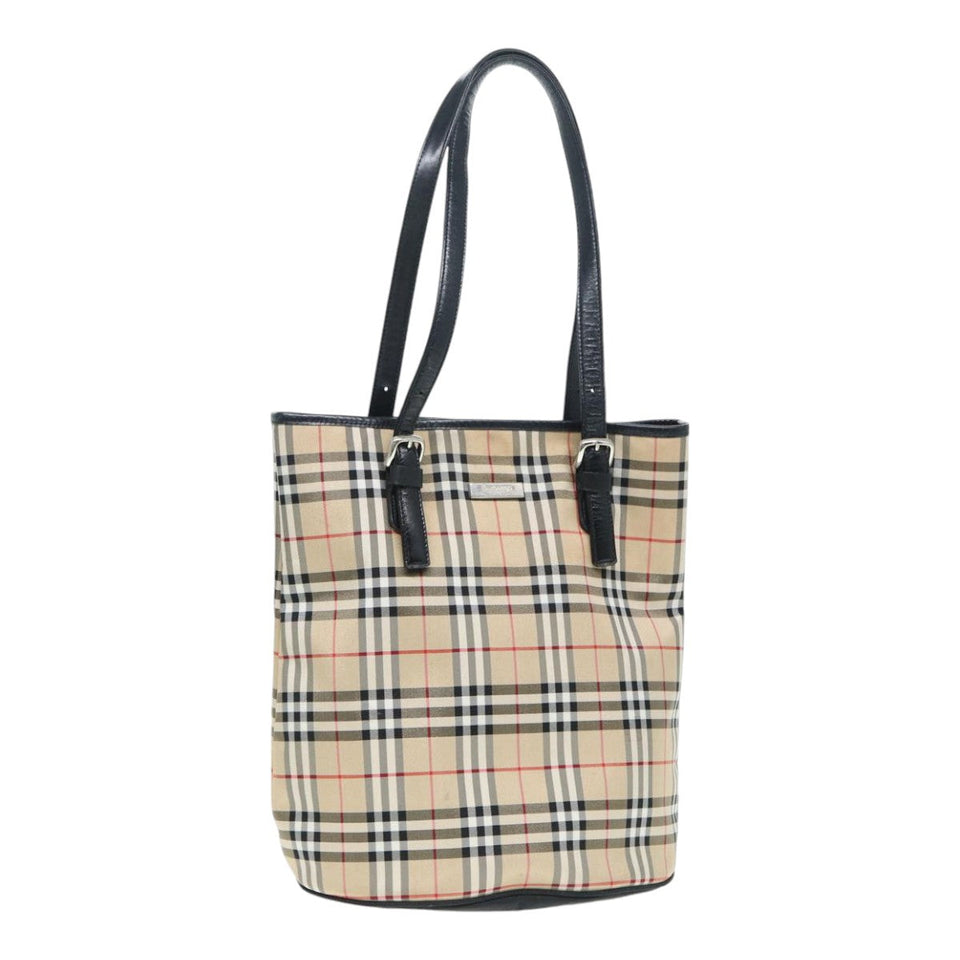 Luxury BurberrySs Nova Check Blue Label Tote Bag Nylon Beige Silver Auth ep5296