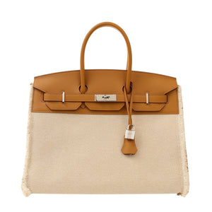 Hermes 35cm Limited Edition Biscuit Swift & Toile Fray Fray Birkin w/ Palladium Hardware