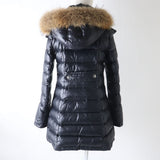 Burberry down coat Main: 100% nylon, Outer: 100% polyester, Outer: 65% polyester, Outer: 35% rayon, Fur: raccoon black Women 40