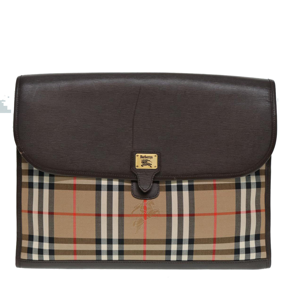 Luxury BurberrySs Nova Check Clutch Bag Canvas Leather Beige Brown gold Auth hk1568